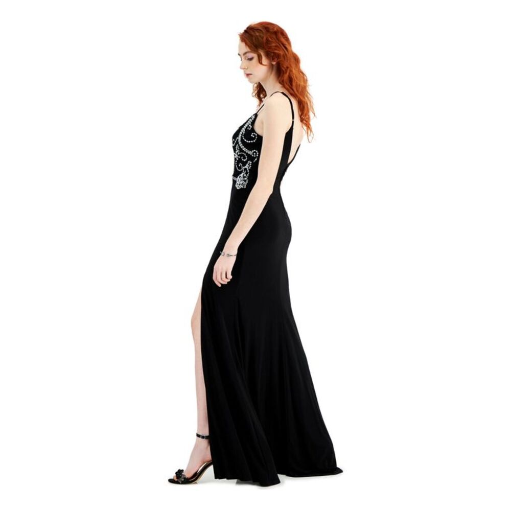 B DARLIN Womens Slitted Spaghetti Strap V Neck Full-Length Prom Shift Dress - Picture 3 of 4